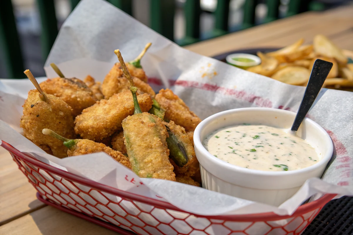 A paper-lined basket of golden crispy fried jalapeno and onion toothpicks with a bowl of cajun horseradish dip