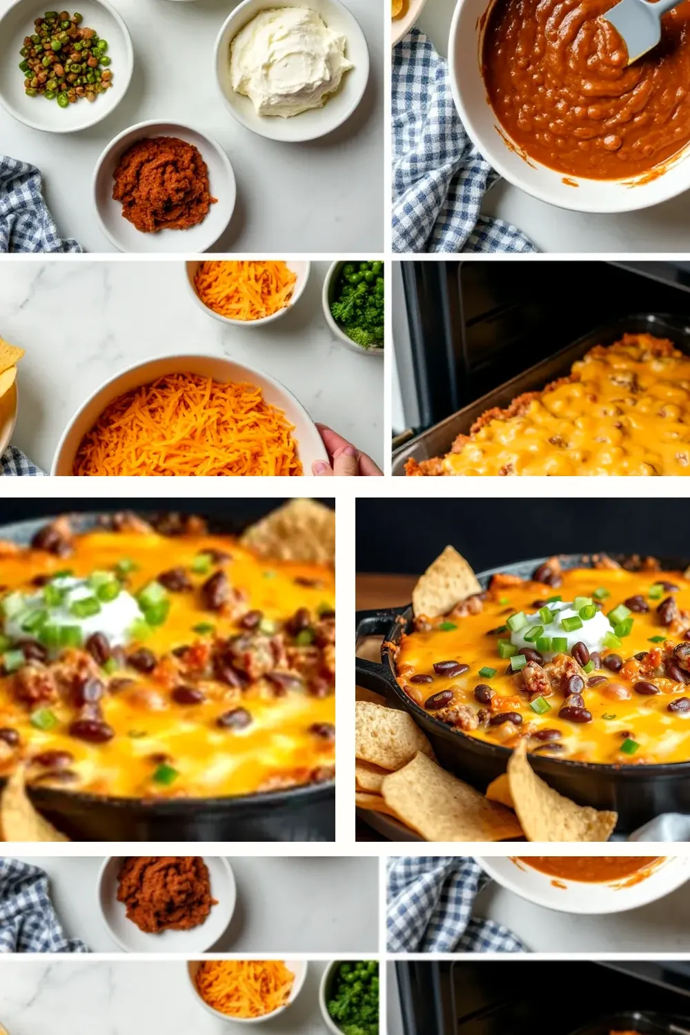 Texas trash dip vertical view with layered bean dip and chips, save this Tex-Mex party recipe for game day