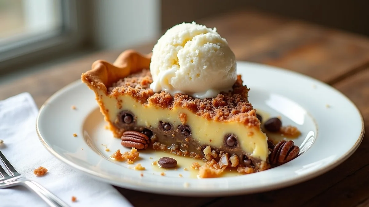 Slice of Texas trash pie on white ceramic plate with golden custard filling, visible pecans, coconut shreds, and chocolate chips, topped with vanilla ice cream scoop melting