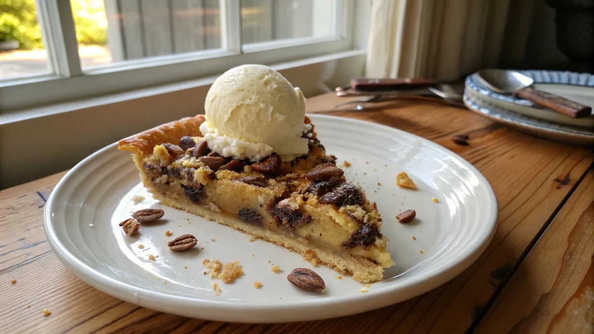 Slice of Texas trash pie on white ceramic plate with golden custard filling, visible pecans, coconut shreds, and chocolate chips, topped with vanilla ice cream scoop melting