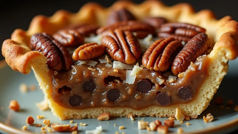Close-up of trash pie filling showing the three textures - pecan halves, shredded coconut, melted chocolate chips - in a brown sugar custard