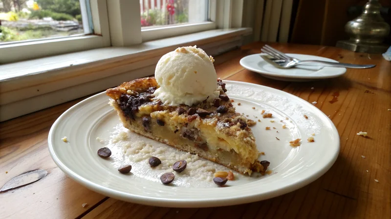 Close-up of trash pie filling showing the three textures - pecan halves, shredded coconut, melted chocolate chips - in a brown sugar custard
