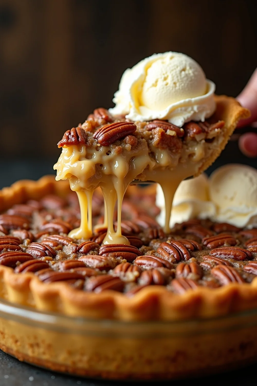 Vertical view of a slice of Texas trash pie being lifted from the dish, gooey filling stretching, pecan layer on top, vanilla ice cream alongside