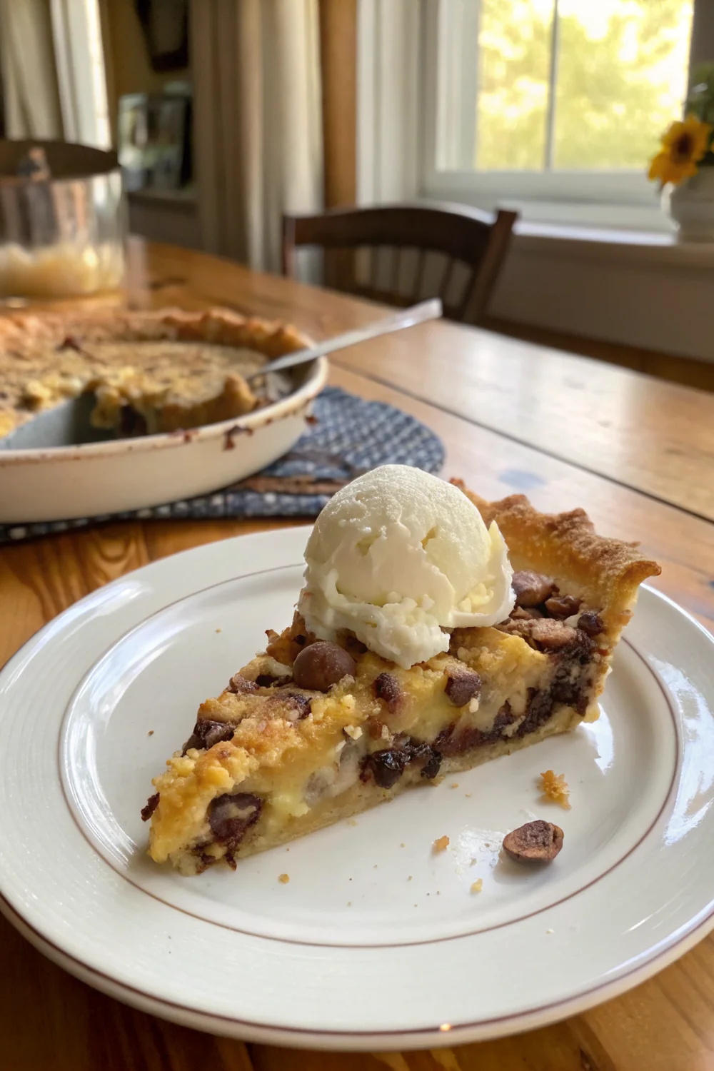 Vertical view of a slice of Texas trash pie being lifted from the dish, gooey filling stretching, pecan layer on top, vanilla ice cream alongside