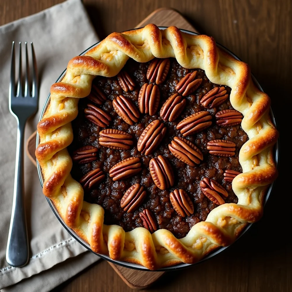 Overhead view of whole Texas trash pie cooling on a wooden board with crimped pastry edge, pecans visible on top, beside a fork and a linen napkin