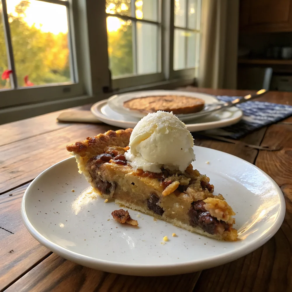 Overhead view of whole Texas trash pie cooling on a wooden board with crimped pastry edge, pecans visible on top, beside a fork and a linen napkin