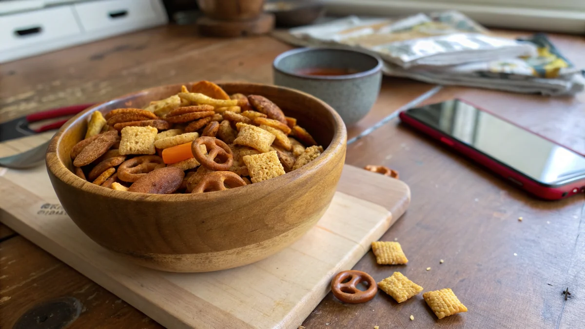 Texas Trash Snack Mix recipe by Chef Mia, photographed in a natural light Texas kitchen