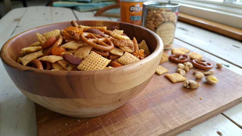 Close-up of the Texas Trash mix showing the seasoning coating each piece, visible cayenne flecks, glossy from the butter-Worcestershire glaze