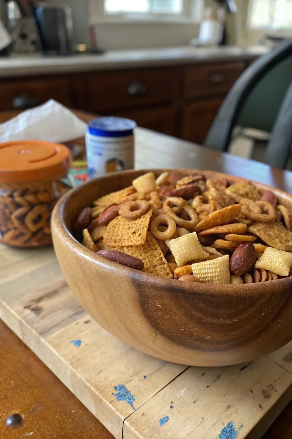 Texas Trash holiday snack mix recipe vertical view, save for Thanksgiving Christmas Super Bowl tailgate