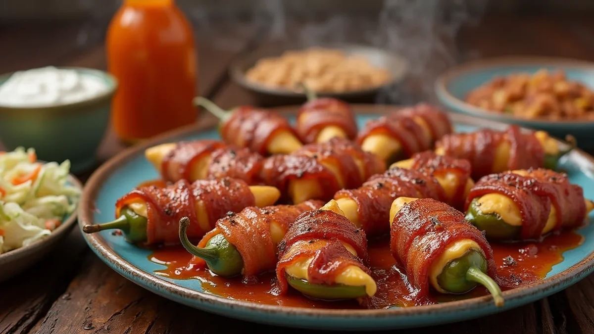 Texas Twinkies on a smoker grate, bacon-wrapped jalapenos stuffed with brisket and cream cheese, mahogany crisp bacon, post oak smoke