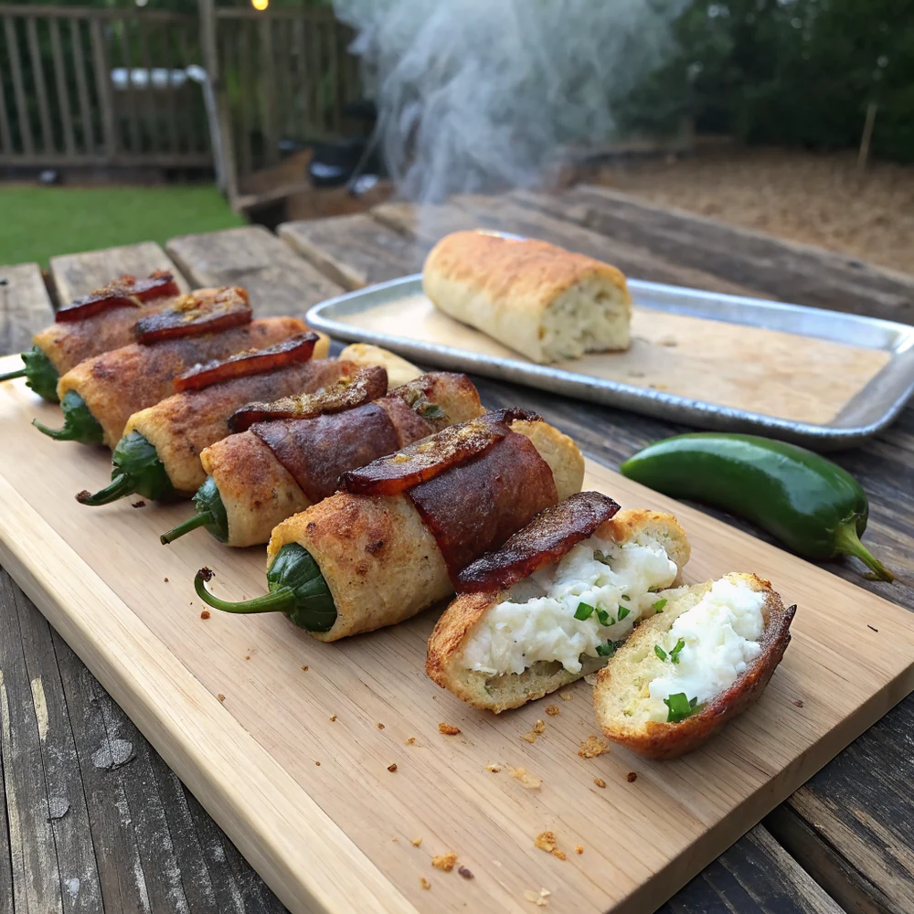 Overhead view of six Texas Twinkies on butcher paper with pickles, white bread, and a Lone Star beer, Hutchins BBQ style