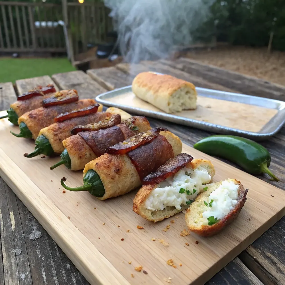 Overhead view of six Texas Twinkies on butcher paper with pickles, white bread, and a Lone Star beer, Hutchins BBQ style