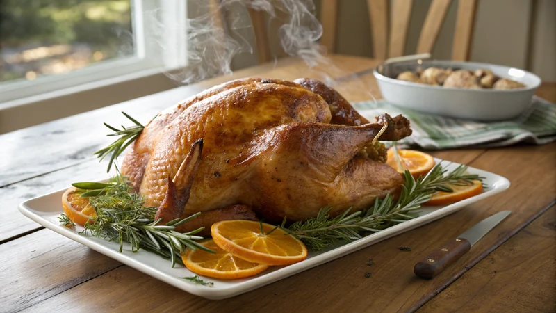 Raw turkey submerged in amber brine inside a five-gallon food-safe bucket, bay leaves and peppercorns floating on the surface