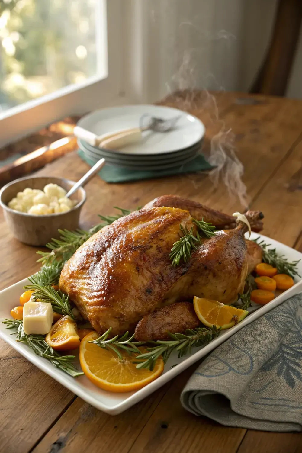 Vertical hero shot of a Hill Country brined Thanksgiving turkey, crispy mahogany skin, save this 24-hour wet brine recipe