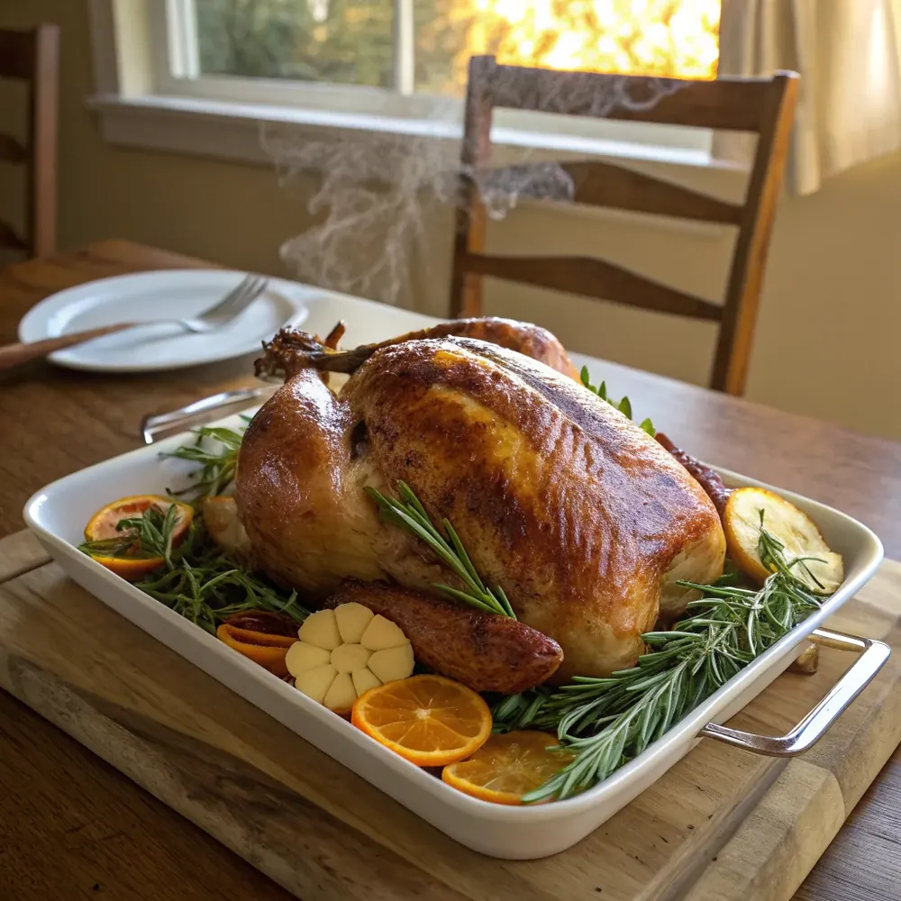 Overhead view of brined and air-dried turkey on a roasting rack, skin tight and dry, ready for the oven
