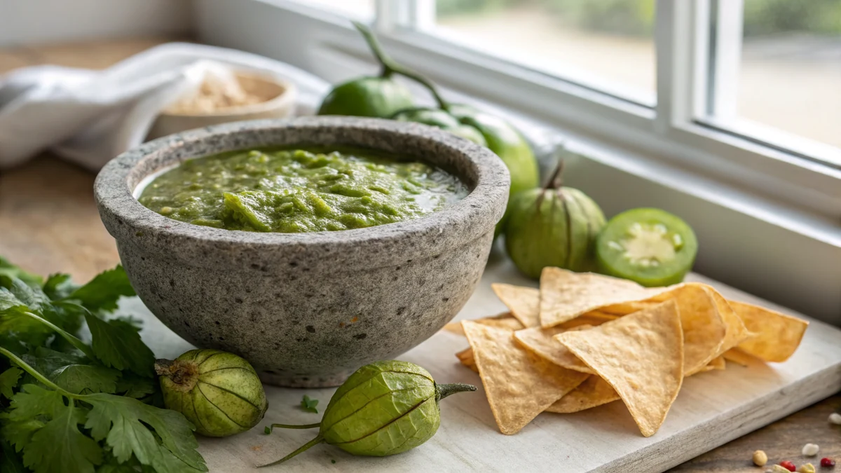 Stone bowl of vibrant green tomatillo salsa verde with rustic flecked texture, tortilla chips and fresh tomatillos in papery husks beside it