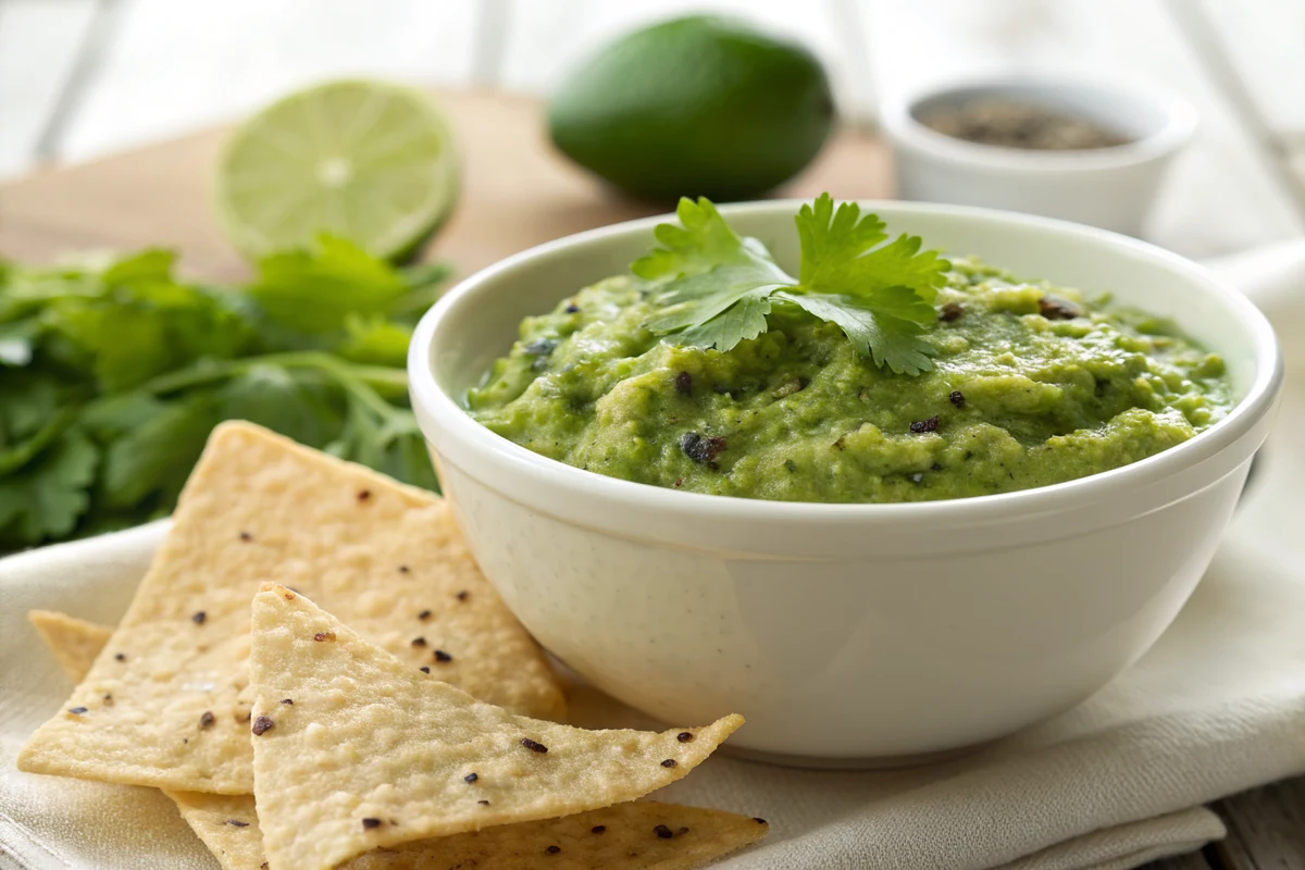 Close-up of bright green salsa verde showing coarse blended texture with dark roasted flecks and cilantro specks on a tortilla chip