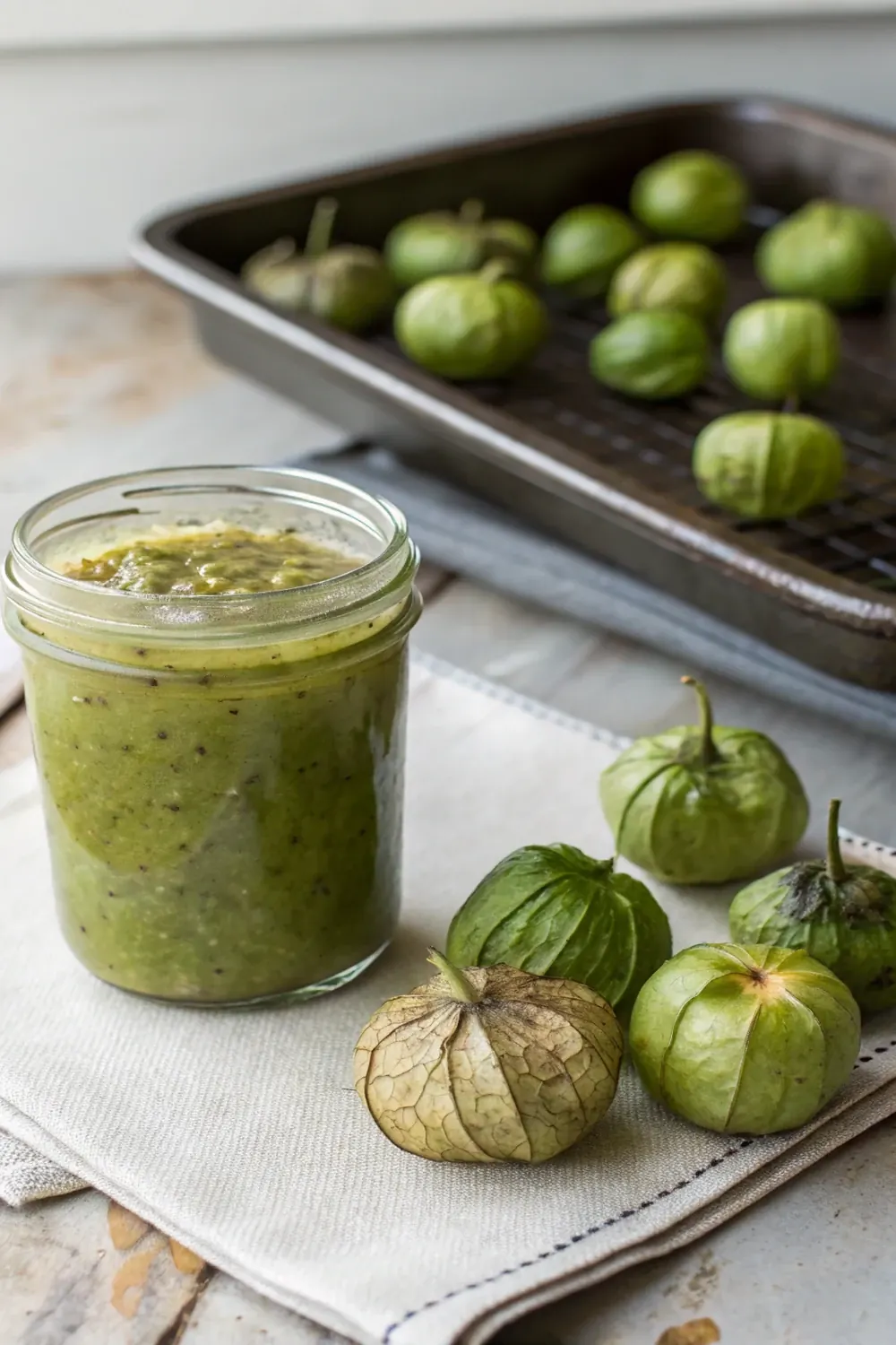 Vertical shot of a glass jar of green tomatillo salsa with charred tomatillos on a sheet pan above and fresh husked tomatillos below