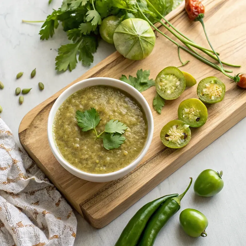 Overhead view of a bowl of roasted tomatillo salsa verde surrounded by halved tomatillos, serrano chiles and cilantro sprigs on a wooden surface