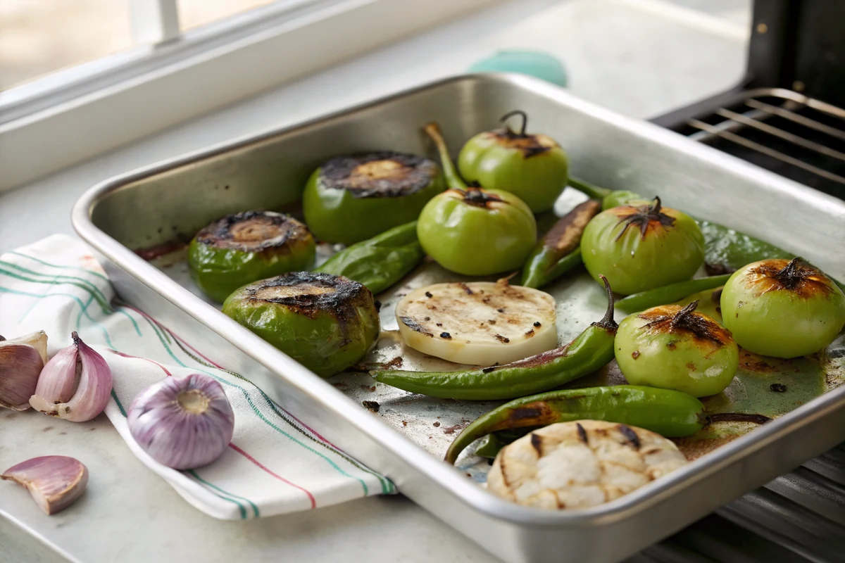 Sheet pan of whole tomatillos serrano chiles onion slab and garlic cloves under a broiler with blistered blackened patches on the fruit