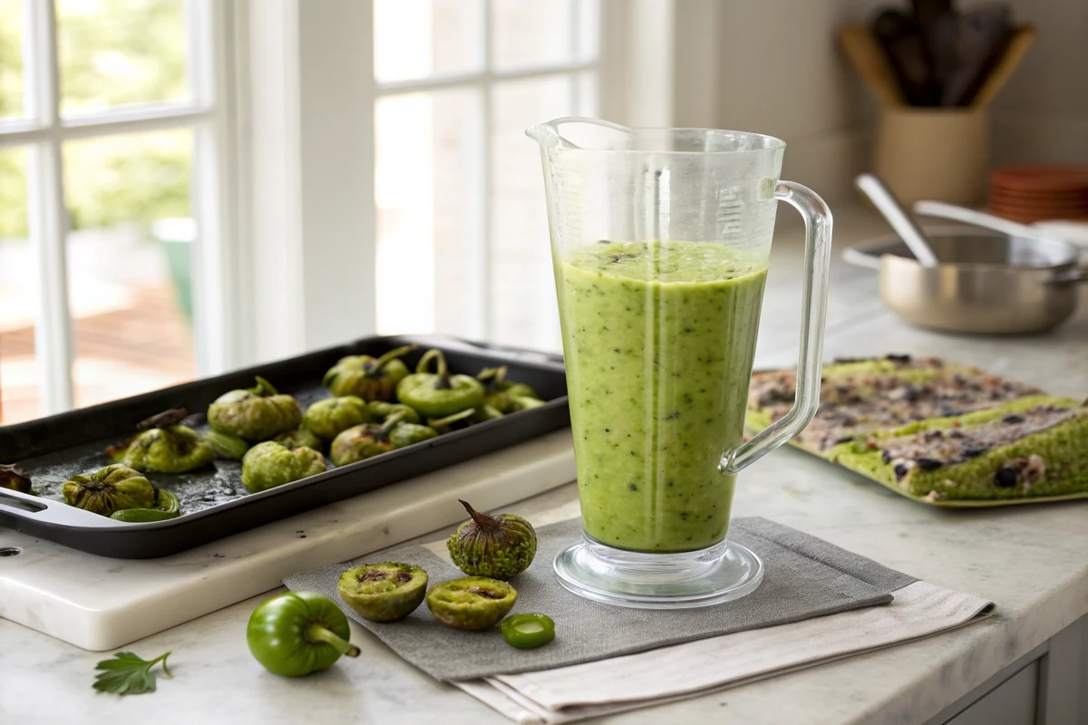 Blender jar of coarsely blended green salsa verde with visible dark roasted flecks, charred sheet pan vegetables waiting beside it