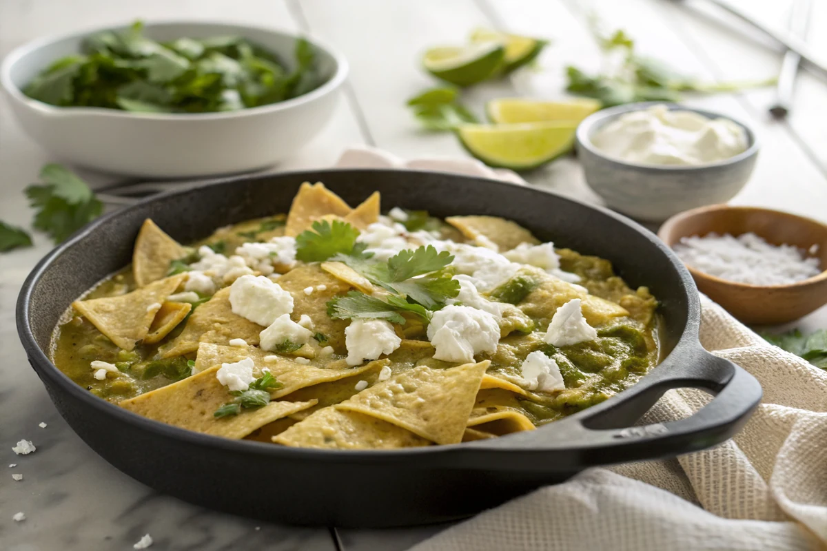 Skillet of chilaquiles verdes with tortilla chips folded through simmering green salsa topped with crema crumbled white cheese and cilantro