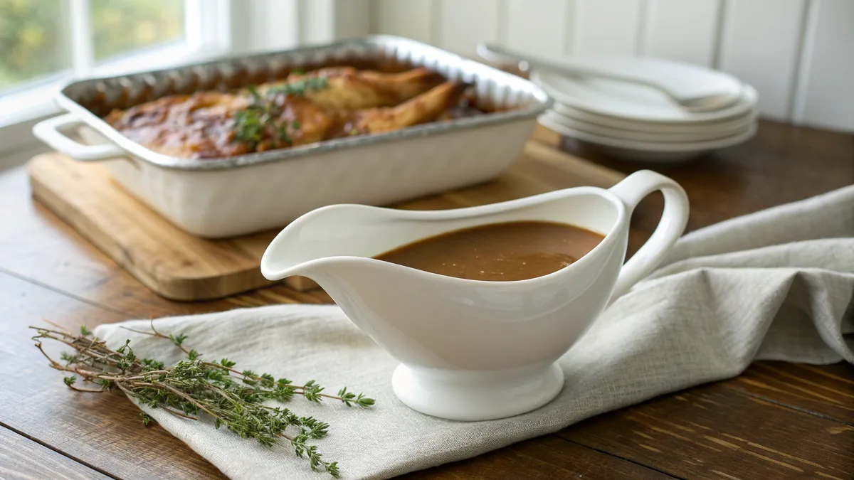 Turkey Gravy recipe by Chef Mia, photographed in a natural light Texas kitchen