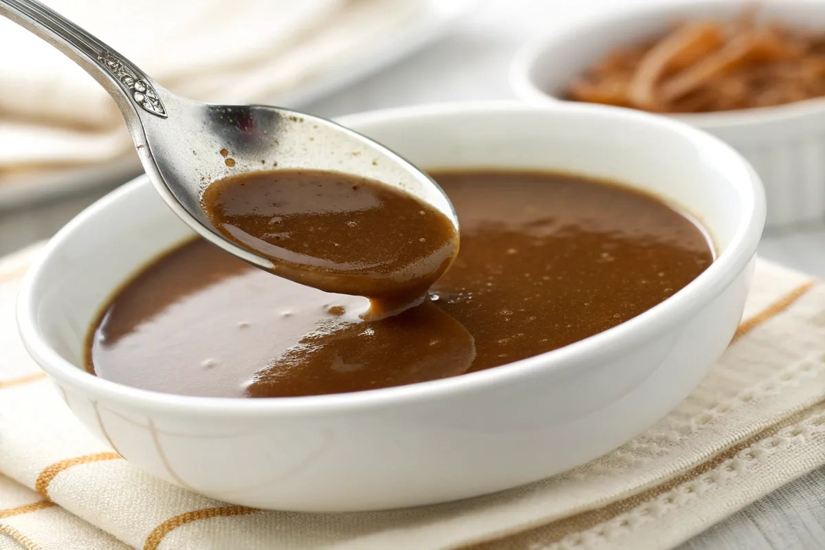 Close-up of a spoon coated in thick glossy brown turkey gravy resting across the rim of a white bowl, a clean line visible through the coating