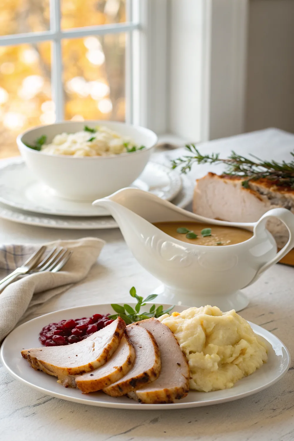Vertical composition of a full gravy boat standing beside a plate of sliced roast turkey and mashed potatoes on a holiday table in warm light
