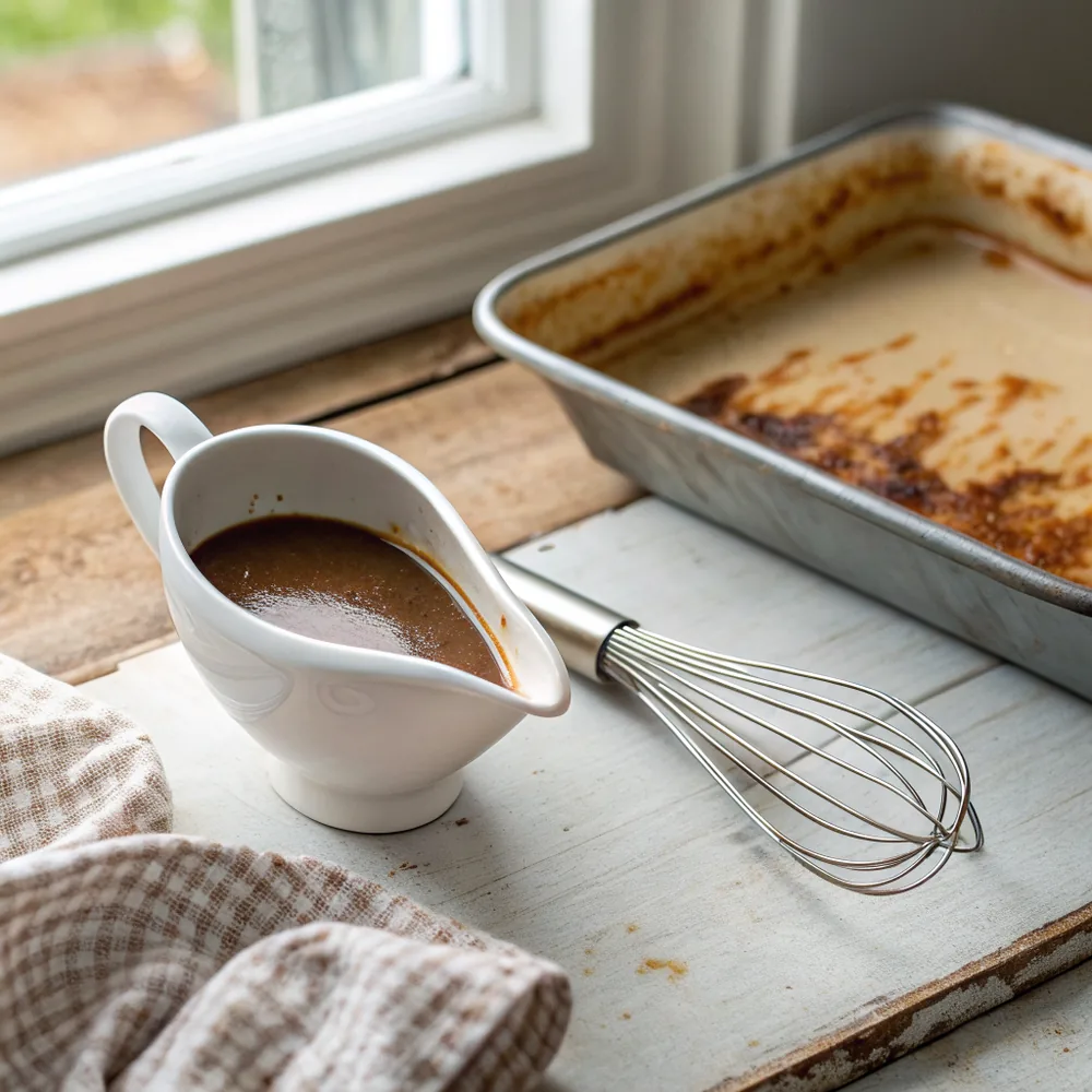 White gravy boat filled with glossy brown turkey gravy on a wooden table beside a roasting pan and a linen napkin