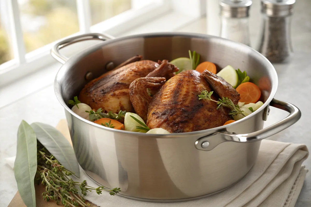 Deeply browned turkey parts resting in a heavy stock pot with quartered onion, carrot chunks, celery, bay leaves and thyme sprigs before liquid is added