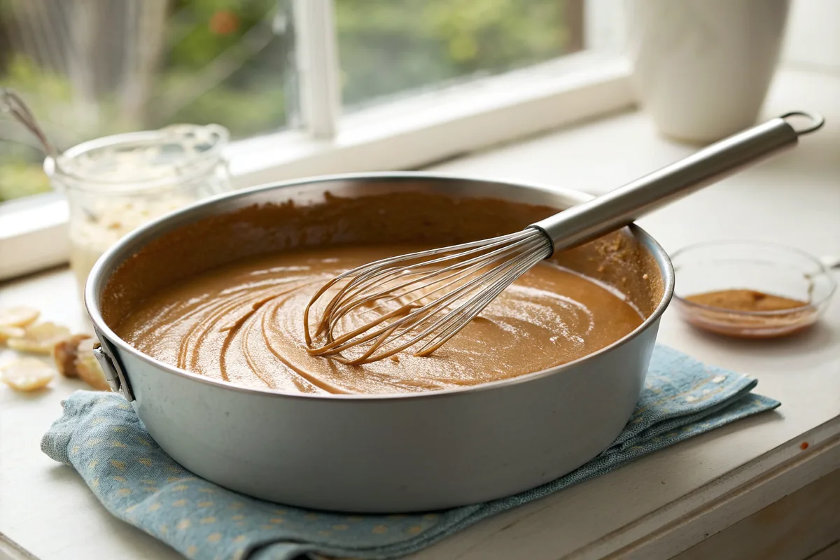 Smooth peanut butter colored roux in a wide saucepan with a whisk resting in it, the surface glossy and evenly blended