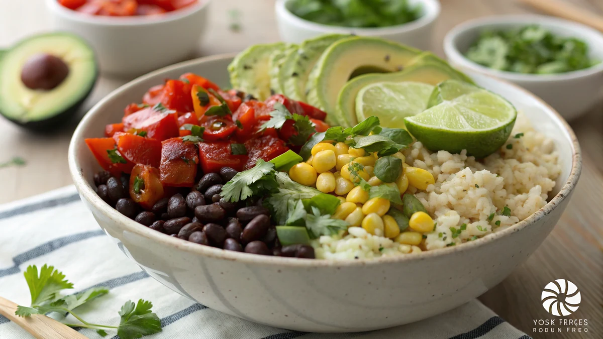 Colorful loaded vegan Tex-Mex burrito bowl with cilantro-lime rice, seasoned black beans, charred red and green peppers, corn, sliced avocado, and pico de gallo in a wide bowl