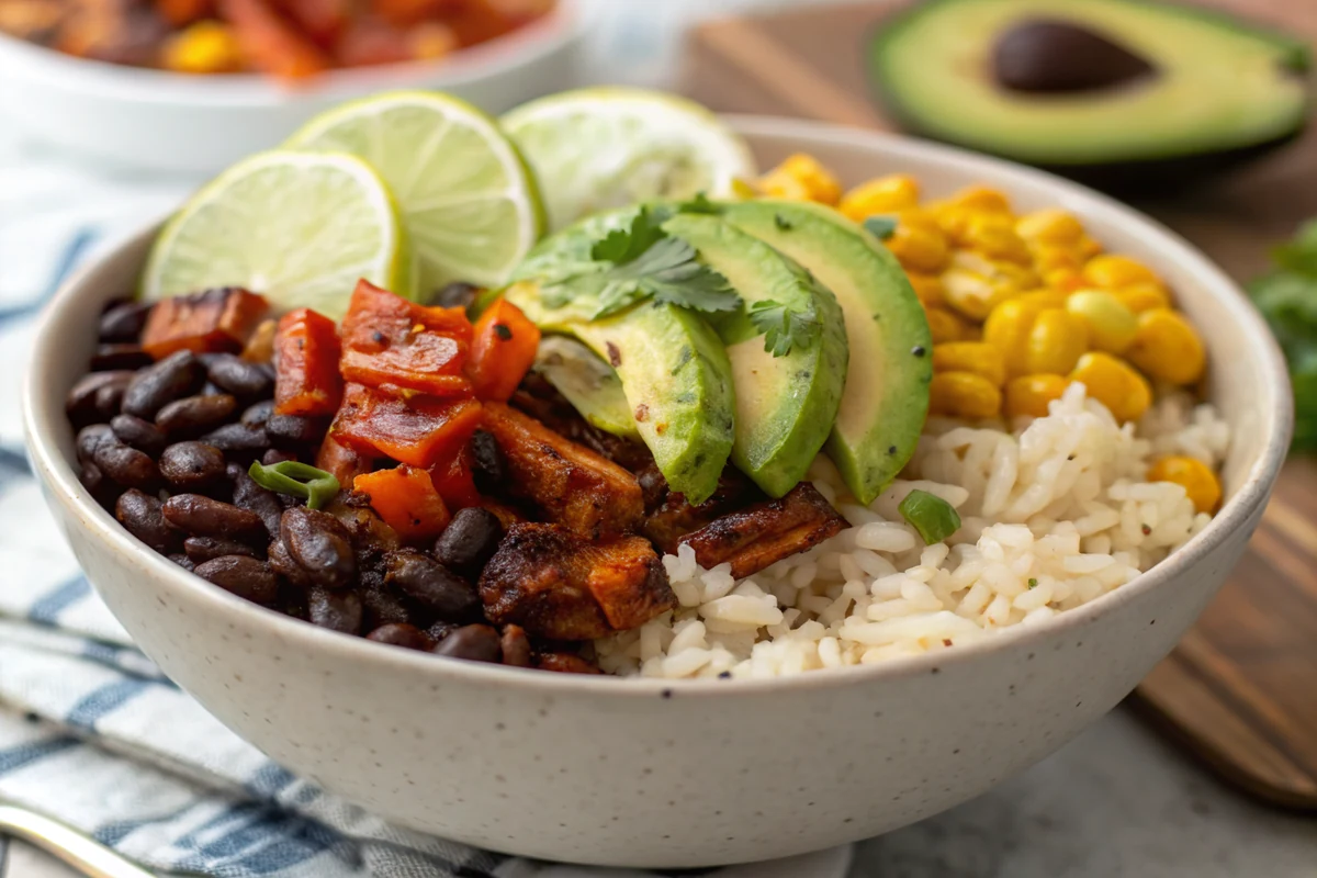Close-up of a vegan burrito bowl showing fluffy lime rice, glossy black beans, charred fajita peppers, golden corn, and bright green avocado slices