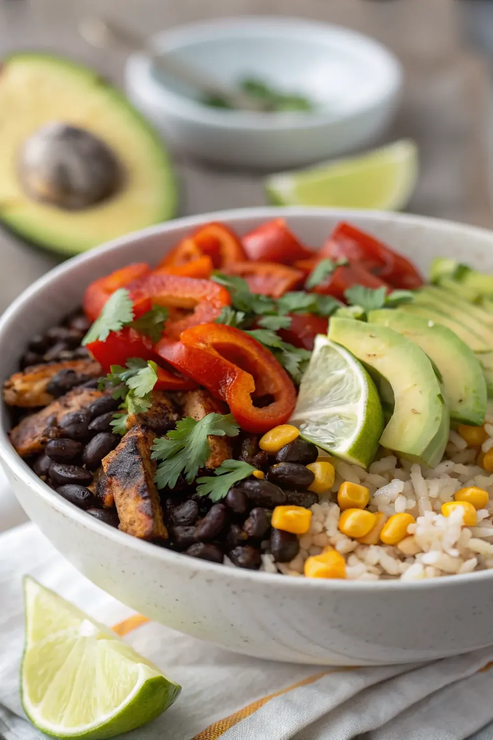 Vertical photo of a loaded vegan Tex-Mex burrito bowl with rice, black beans, charred peppers, corn, and avocado, save this easy meatless dinner