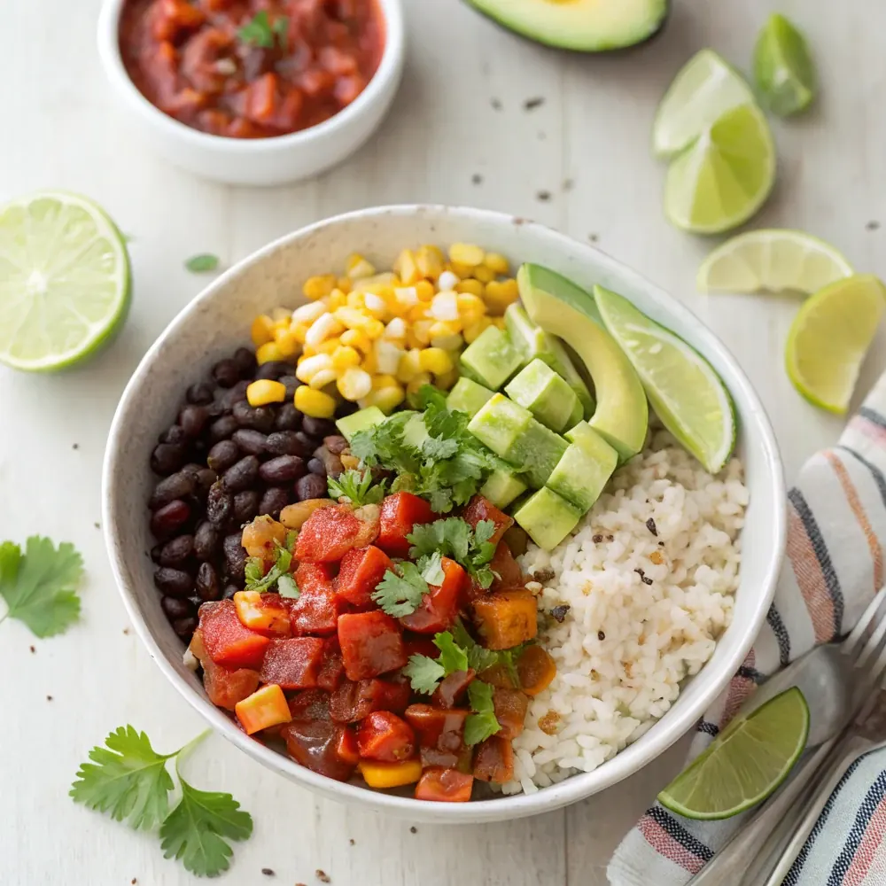 Overhead view of a loaded vegan Tex-Mex burrito bowl packed with rice, black beans, peppers, corn, avocado, and salsa with lime wedges on the side