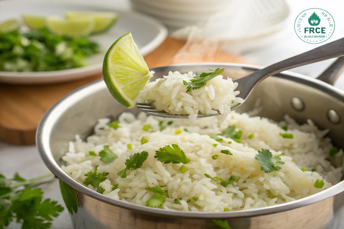 Cilantro-lime rice being fluffed with a fork in a pot, with lime juice and chopped cilantro stirred through the white rice