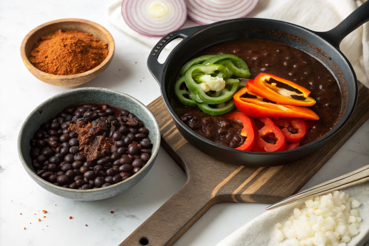 Black beans simmering with cumin and chili powder in a small pot beside fajita peppers and onions charring in a hot skillet