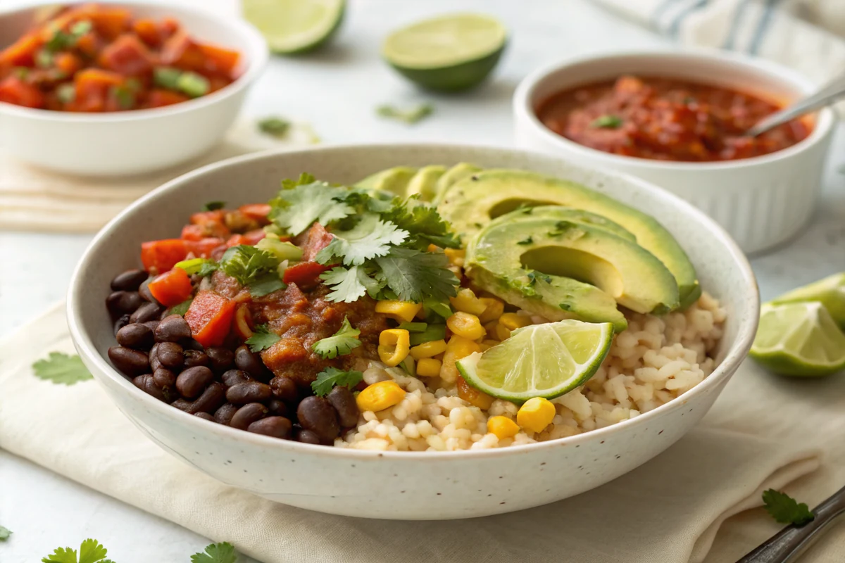 Finished loaded vegan Tex-Mex burrito bowl with cilantro-lime rice, black beans, charred peppers, corn, sliced avocado, and salsa