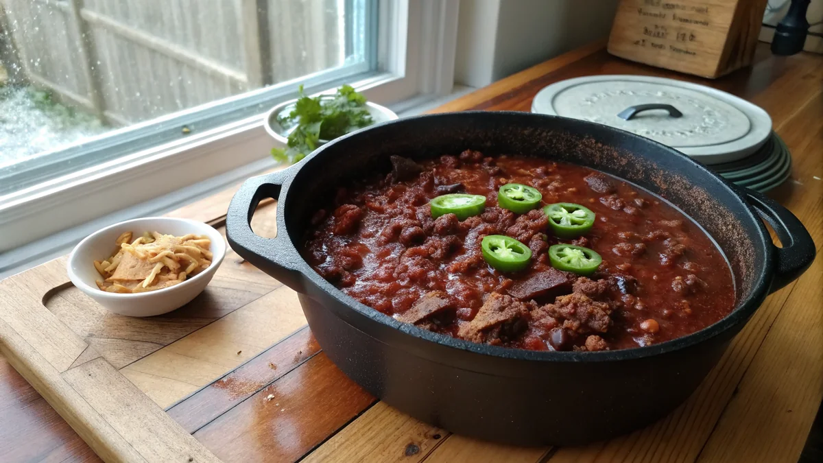Venison Chili recipe by Chef Mia, photographed in a natural light Texas kitchen