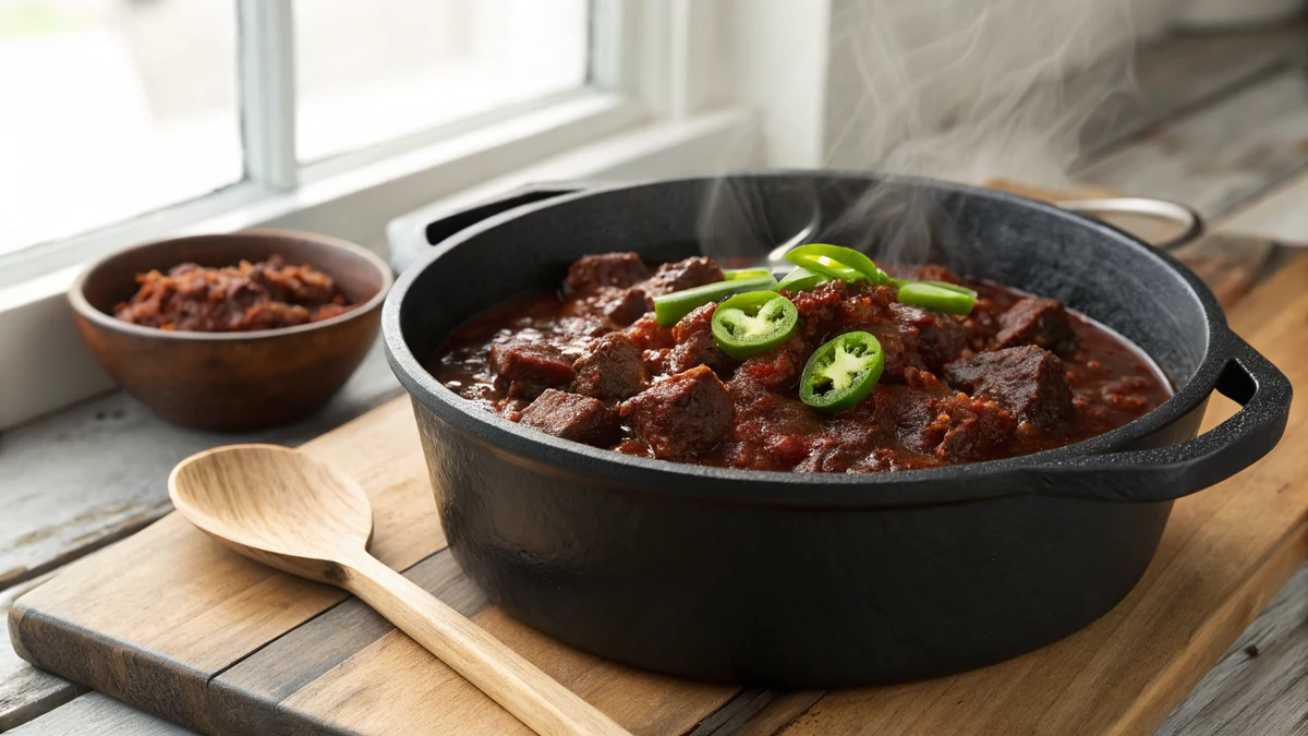 Venison Chili recipe by Chef Mia, photographed in a natural light Texas kitchen