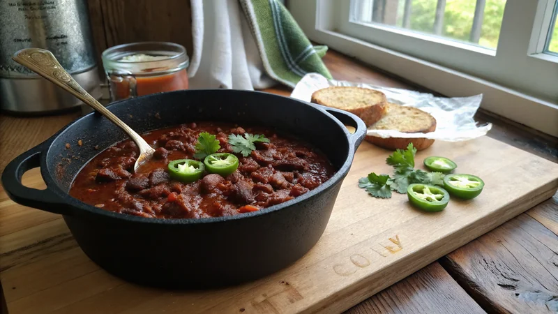 Close-up of venison chili showing cubed meat, dark red ancho-chile broth, the no-bean Texas style