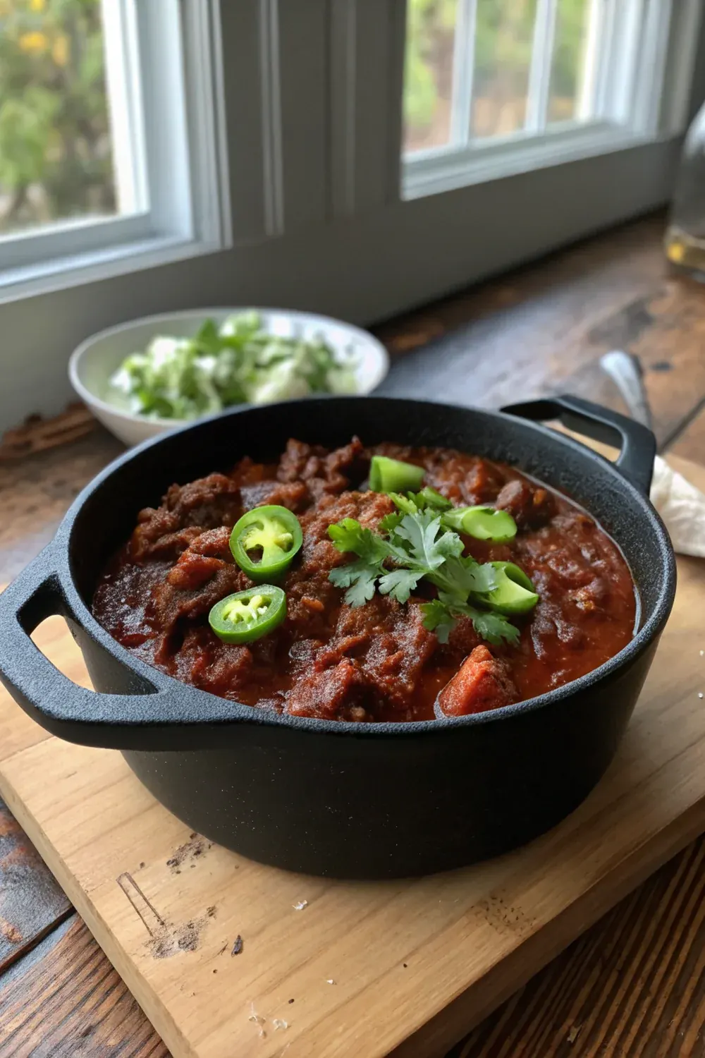 Texas venison chili no beans vertical view, hunters' recipe, save for deer season