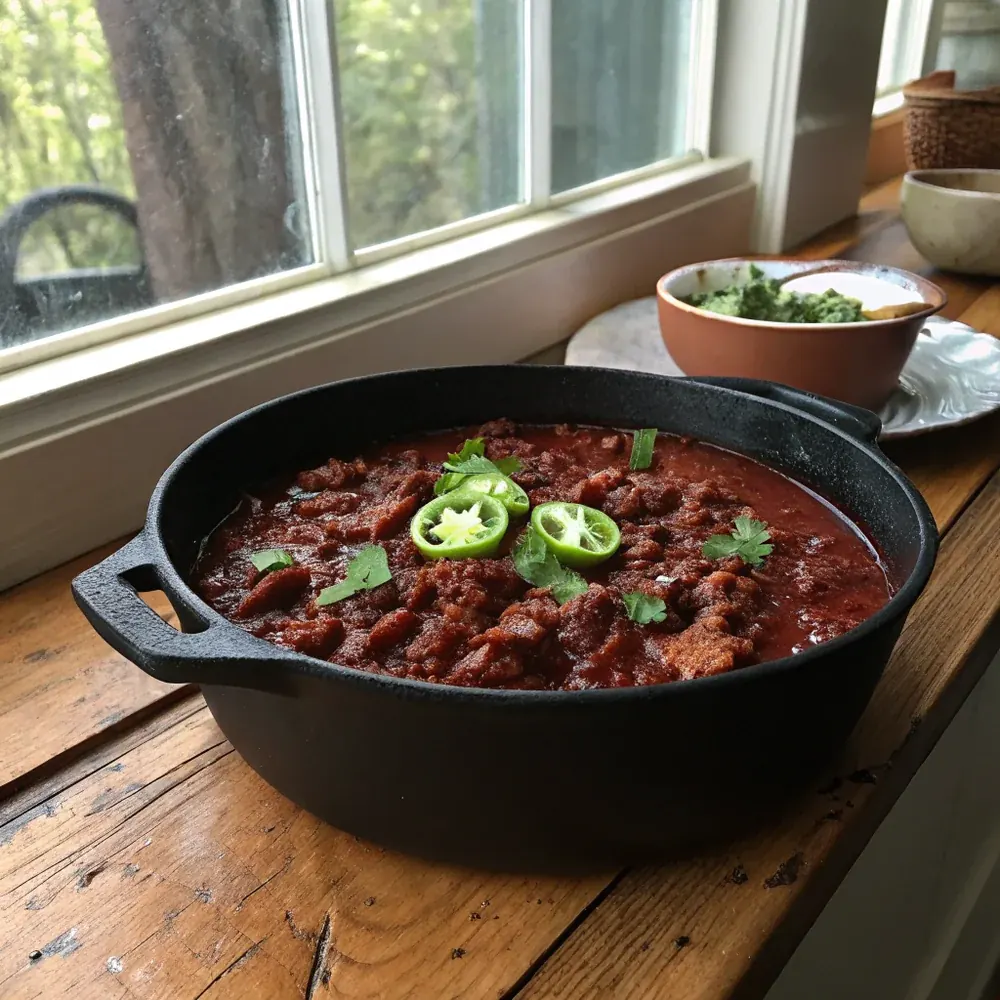 Overhead view of a bowl of venison chili with cornbread, raw onion, lime, and shredded cheese on the side, Texas hunting season meal