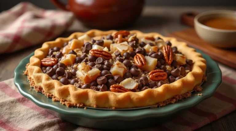 Texas Trash Pie loaded with chocolate chips, pecans, and caramel — classic Texas dessert