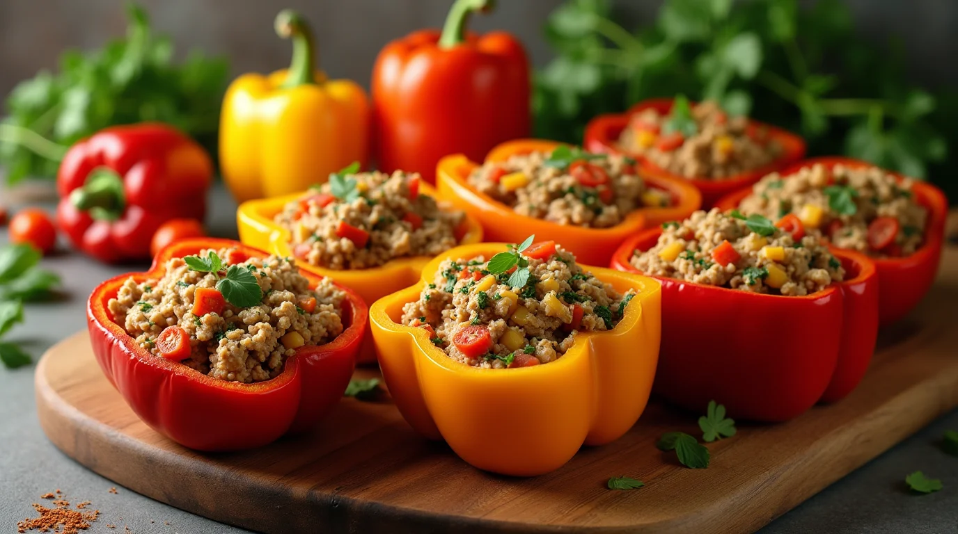Stuffed bell peppers without rice, filled with a savory ground meat mixture, on a wooden cutting board. Yellow and red bell peppers are used