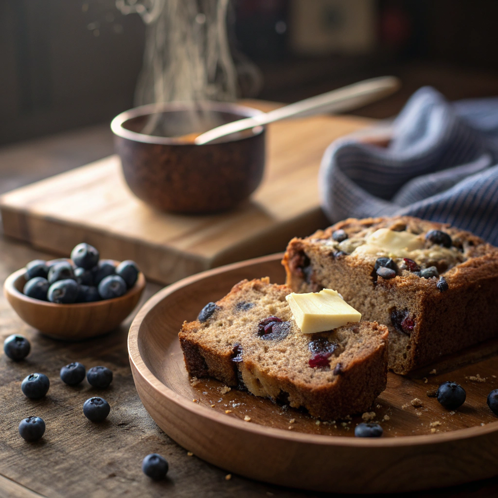 blueberry lentil bread recipe slice with melting butter