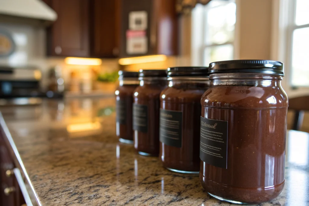 Bulk jars of homemade black label chocolate sauce recipe cooling on counter