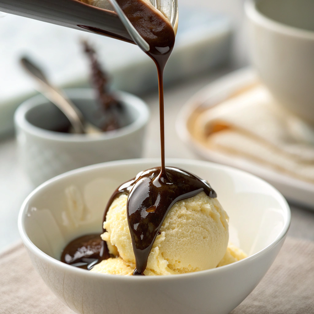 Black label chocolate sauce recipe bulk recipe poured over vanilla ice cream