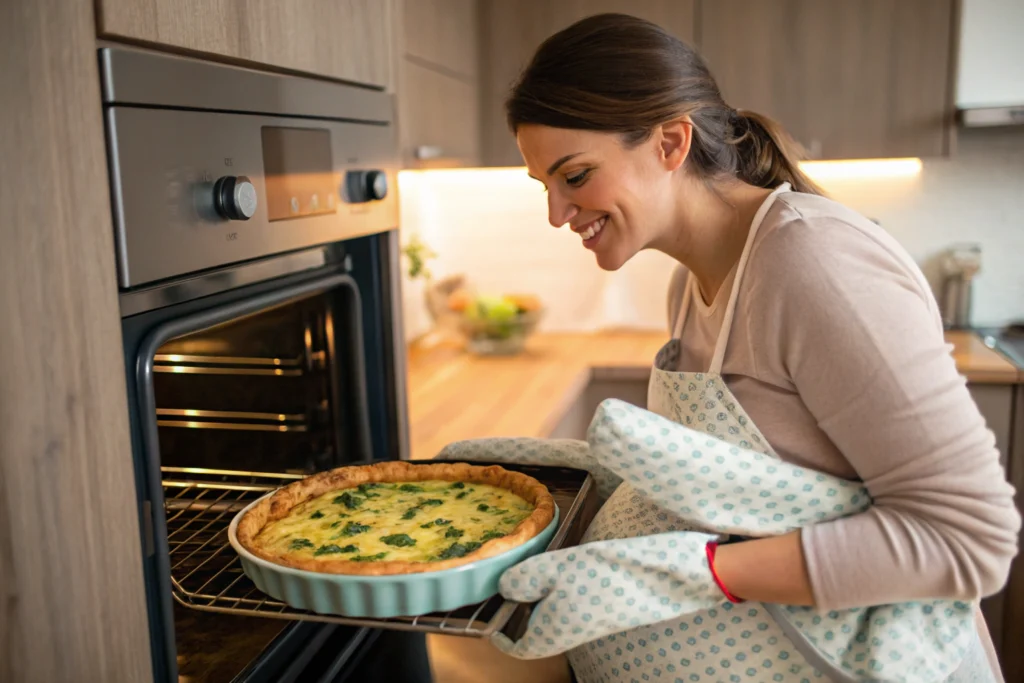 Pregnant woman cooking a healthy quiche at home